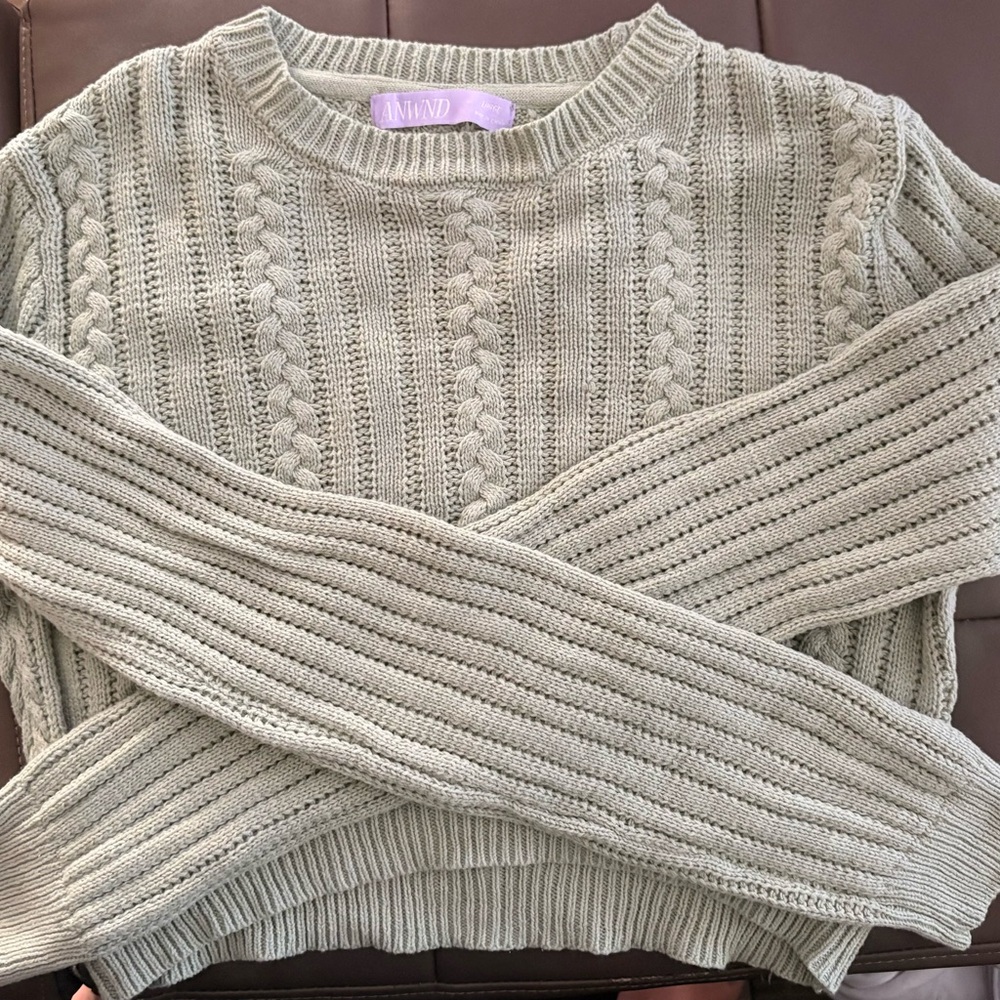 Women's Cable Knit Sweater Cropped - Sage Green, Size Large